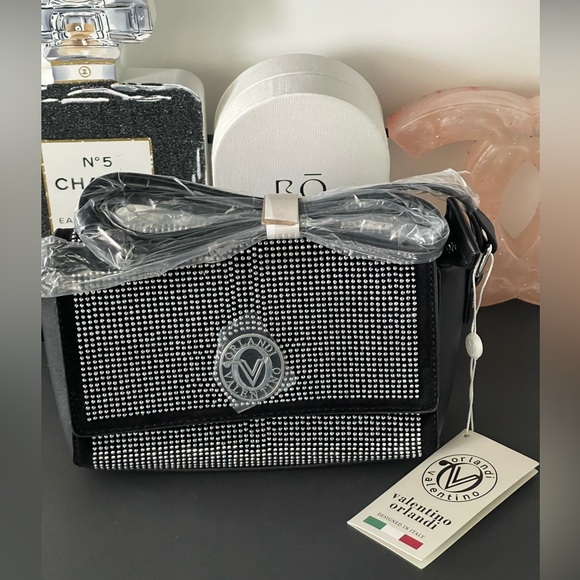 Valentino Orlandi Black and Silver/bling Rhinestone Camera Crossbody Bag NWT - Picture 1 of 7